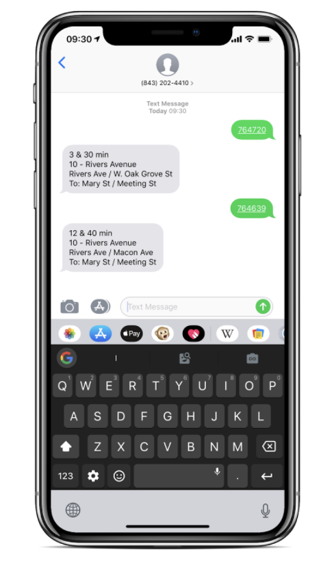 Example of cell phone with Swiftly's real-time prediction SMS exchanges.
