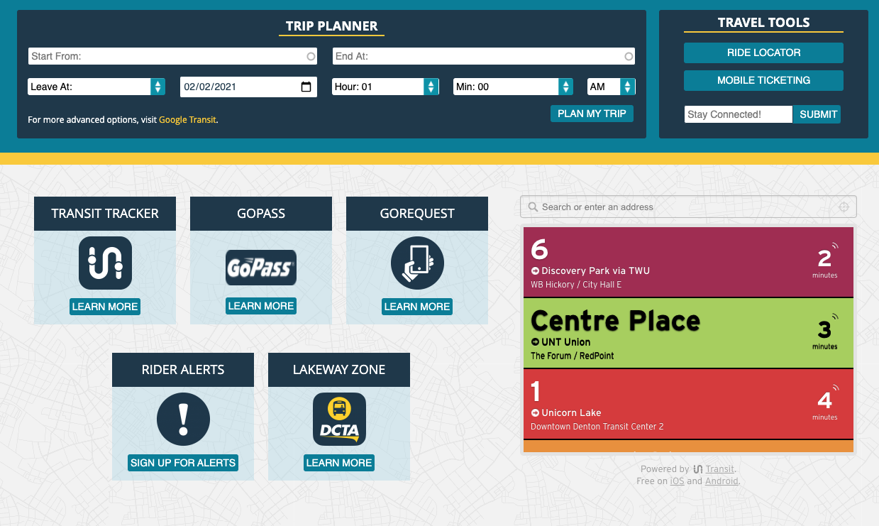 DCTA website with transit web widget